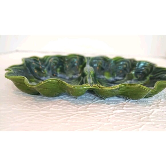 Vintage MCM  Cali Pottery Divided Leaf Dish CALIF. USA 30 Green Drip Glaze - Picture 5 of 13
